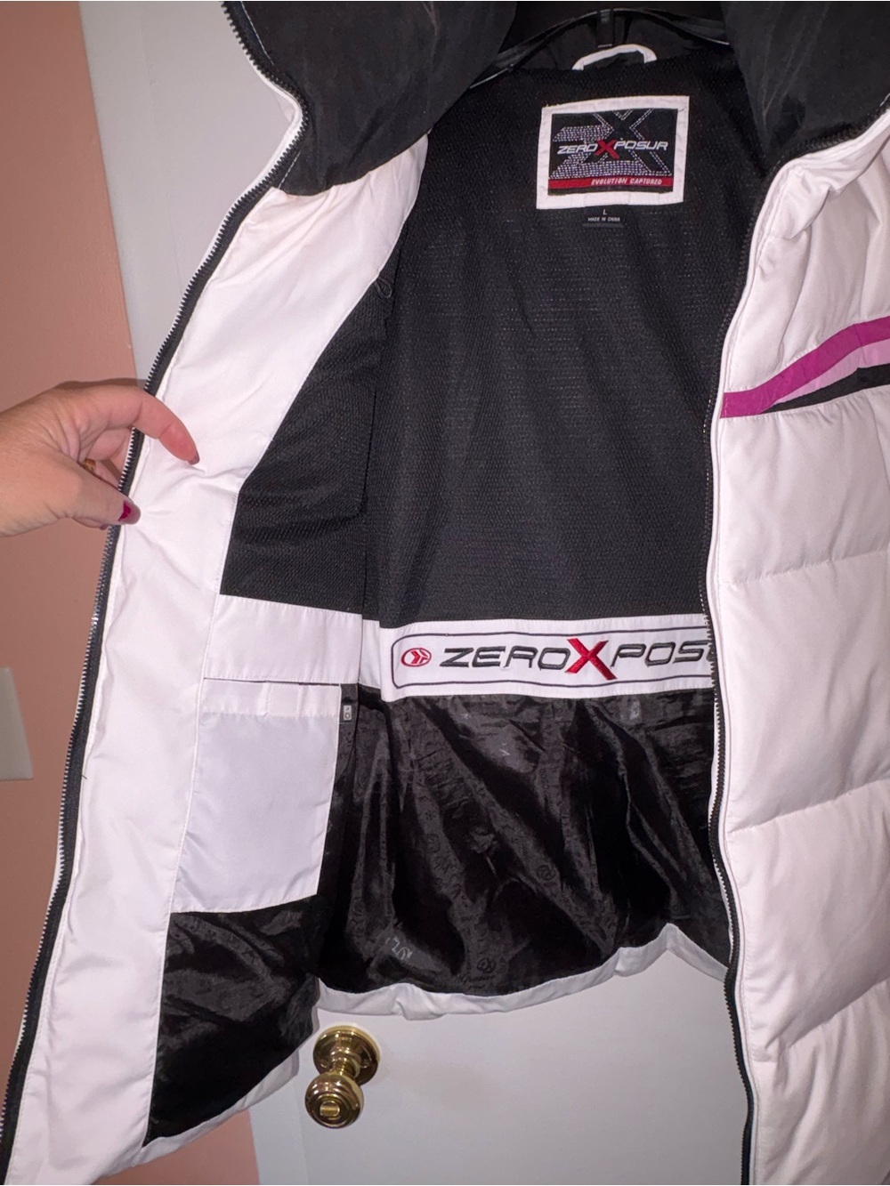 ZeroXposur White Puffer Jacket with Pink Stripe Accents - Picture 9 of 12